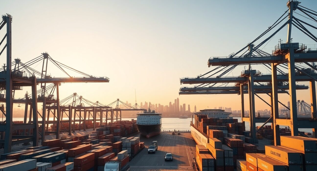 Busy container port in Kaohsiung, Taiwan, with ships and cranes at sunset