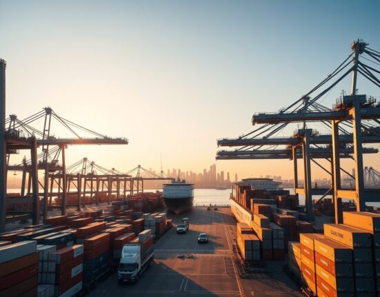 Busy container port in Kaohsiung, Taiwan, with ships and cranes at sunset