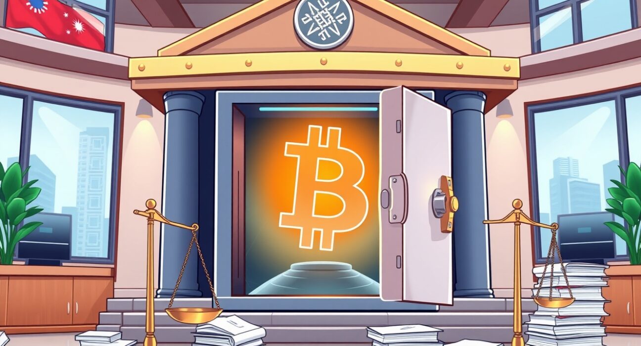 Taiwan's Ministry of Justice holding seized Bitcoin in secure government evidence storage with digital asset management visualization