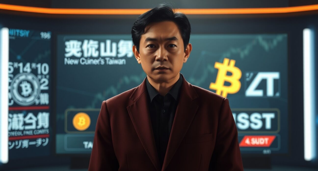 Taiwanese news anchor in studio with serious expression, cryptocurrency symbols in background