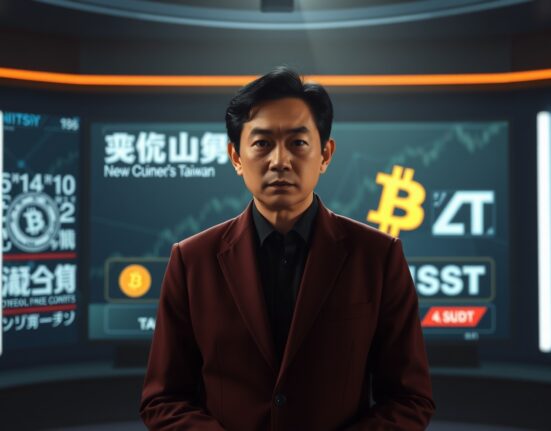 Taiwanese news anchor in studio with serious expression, cryptocurrency symbols in background
