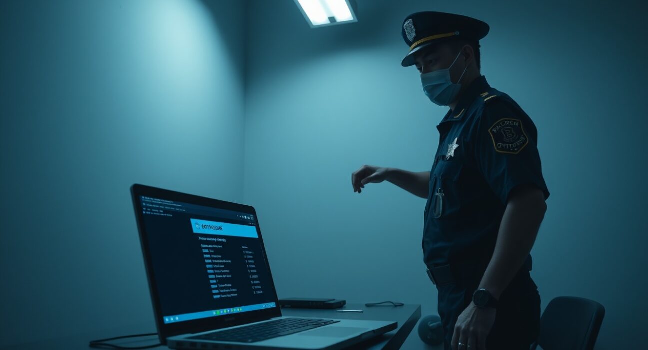 Taiwanese police officer examining a blockchain explorer on a laptop in an interrogation room
