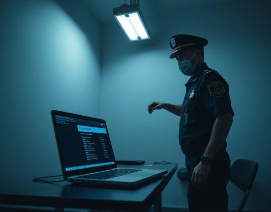 Taiwanese police officer examining a blockchain explorer on a laptop in an interrogation room