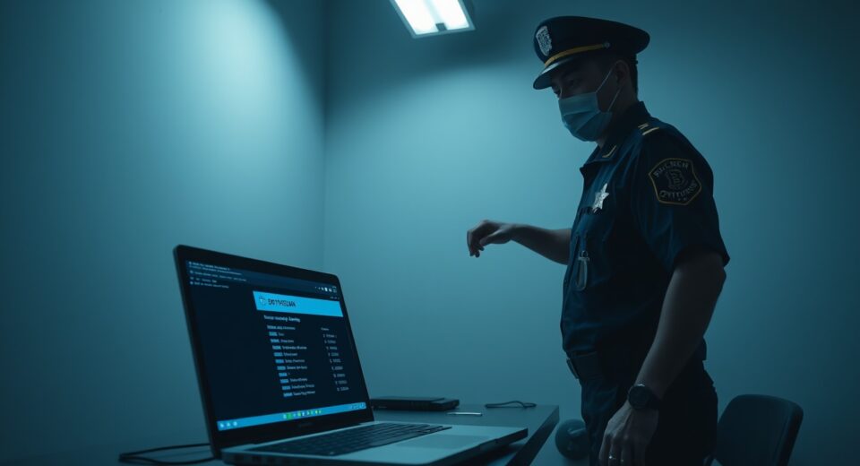 Taiwanese police officer examining a blockchain explorer on a laptop in an interrogation room