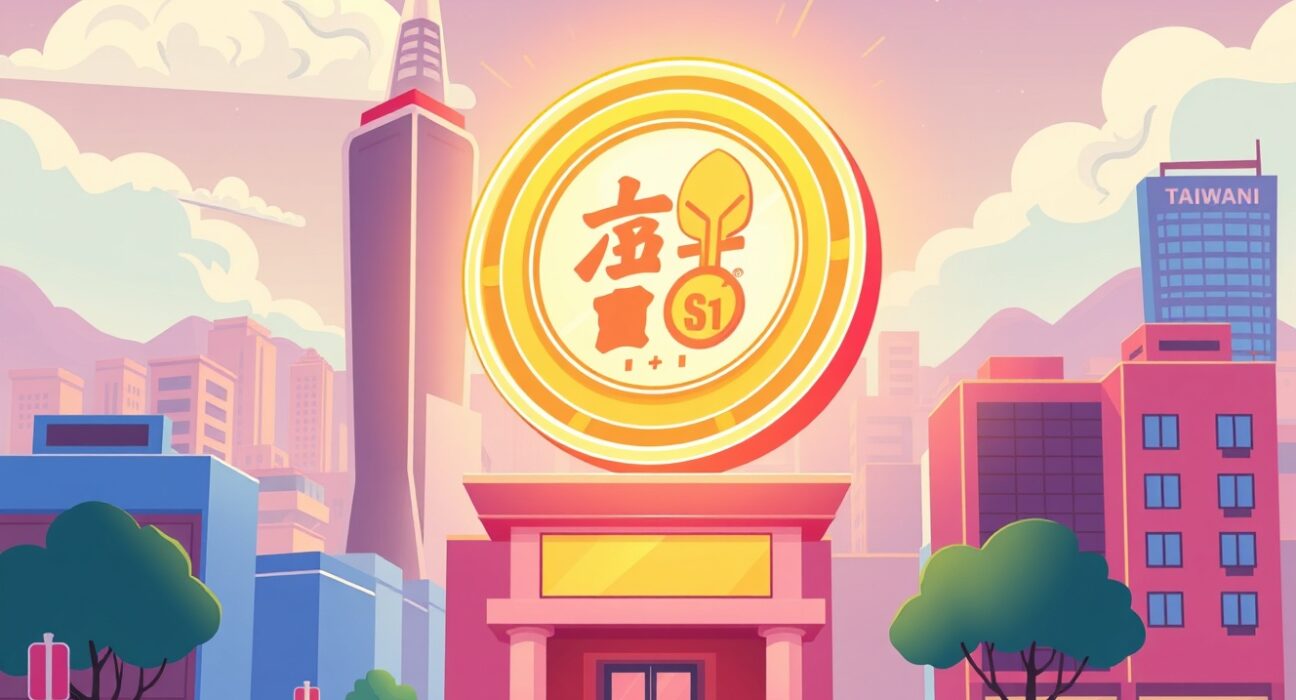 Taiwan regulated stablecoin illustrated as a secure digital coin over a modern financial cityscape.