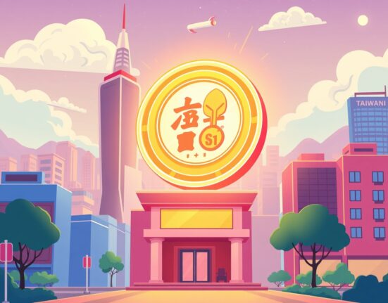 Taiwan regulated stablecoin illustrated as a secure digital coin over a modern financial cityscape.