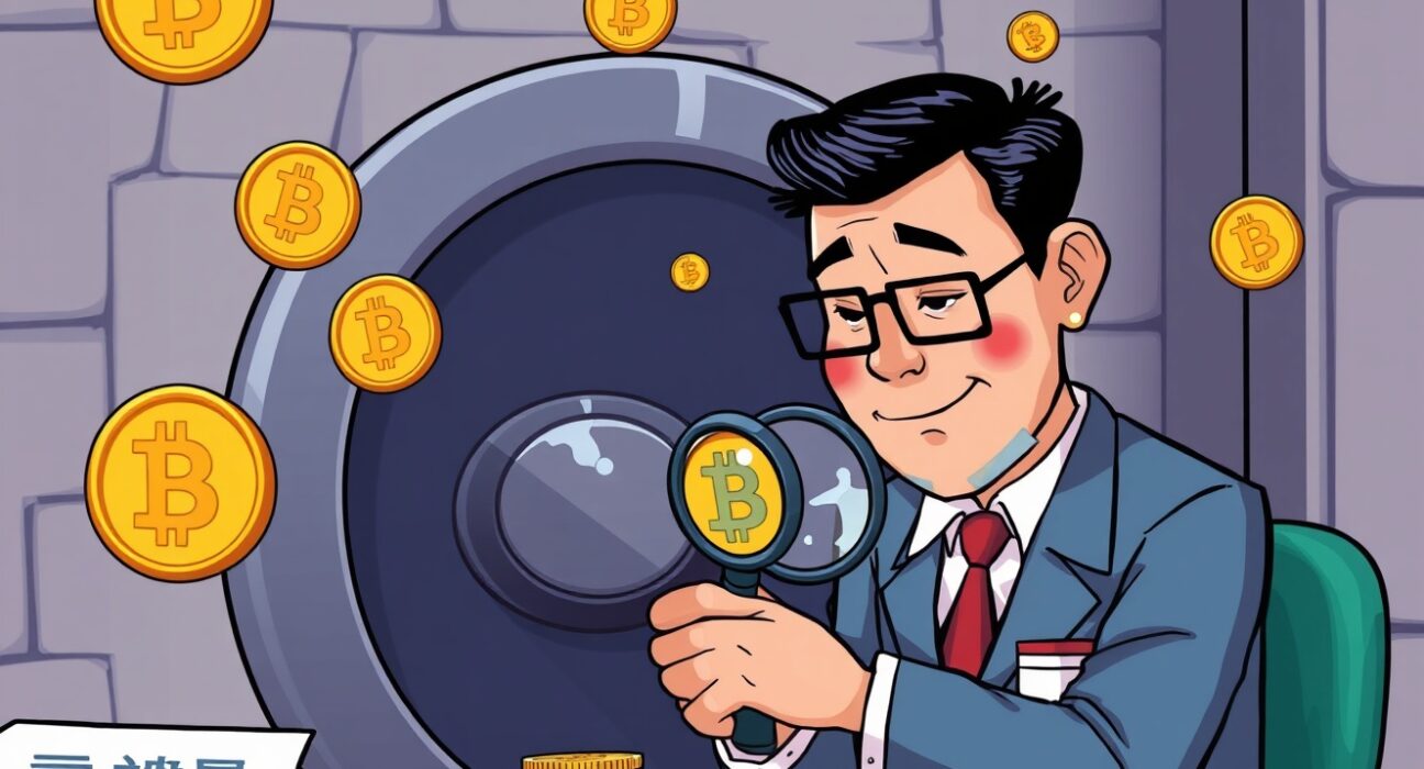 Taiwan government investigating seized Bitcoin holdings with magnifying glass and digital currency symbols