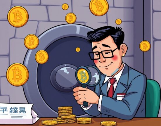 Taiwan government investigating seized Bitcoin holdings with magnifying glass and digital currency symbols