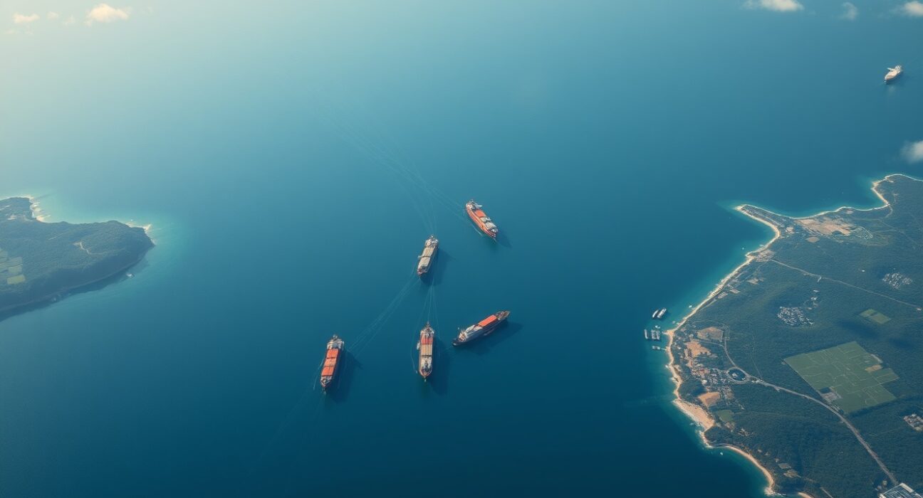 Aerial view of Taiwan Strait showing geopolitical risks and shipping lanes affecting currency markets