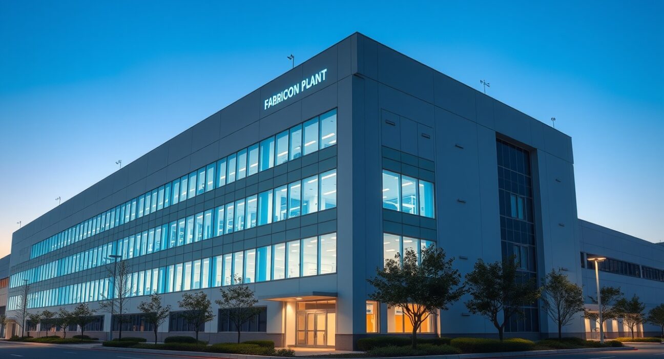 Exterior view of a semiconductor fabrication plant in Taiwan at dusk, representing the tech export sector.