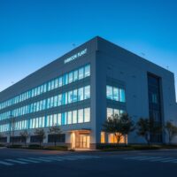 Exterior view of a semiconductor fabrication plant in Taiwan at dusk, representing the tech export sector.