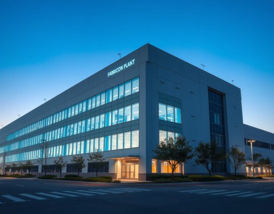 Exterior view of a semiconductor fabrication plant in Taiwan at dusk, representing the tech export sector.