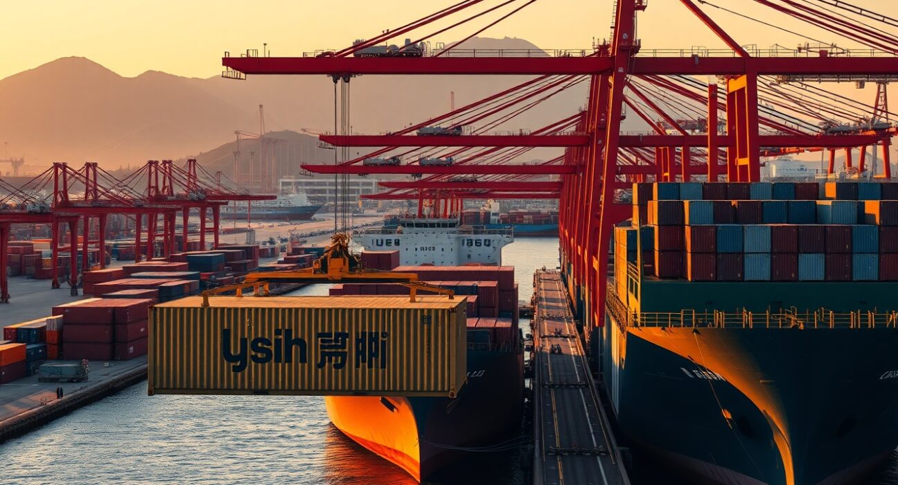 Taiwan's trade boom visualized through a busy container port handling increased exports.