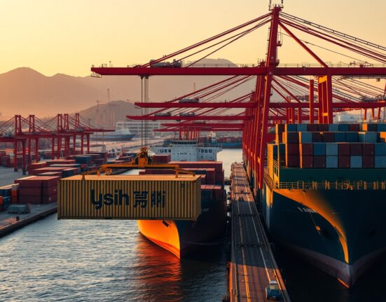 Taiwan's trade boom visualized through a busy container port handling increased exports.