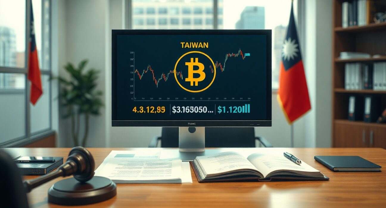 Taiwan financial regulator desk with crypto exchange interface on monitor and official documents, representing new Travel Rule compliance.