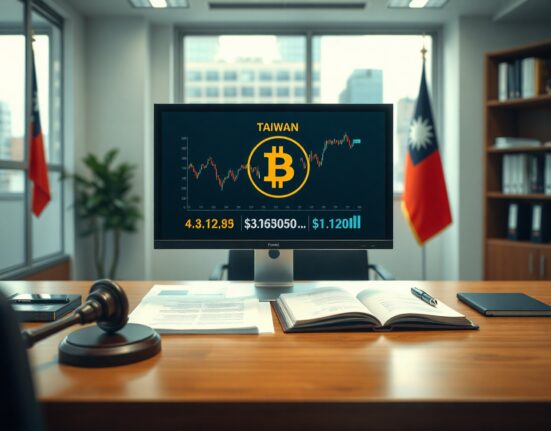 Taiwan financial regulator desk with crypto exchange interface on monitor and official documents, representing new Travel Rule compliance.