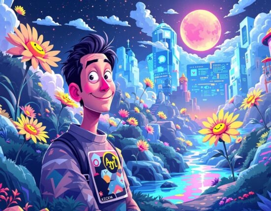 A cartoon illustration symbolizing Takashi Murakami NFTs launching on Base, representing a new era of digital art collectibles.