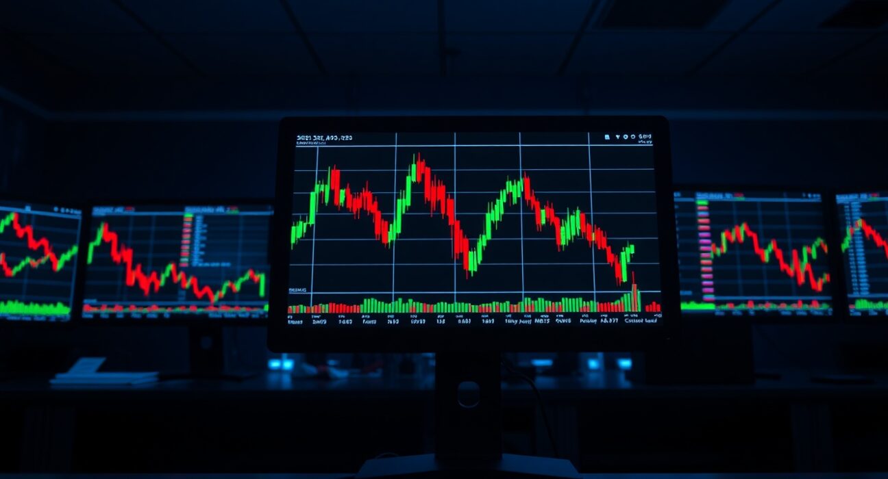 Digital trading dashboard showing volatile candlestick charts on multiple monitors in a dimly lit office