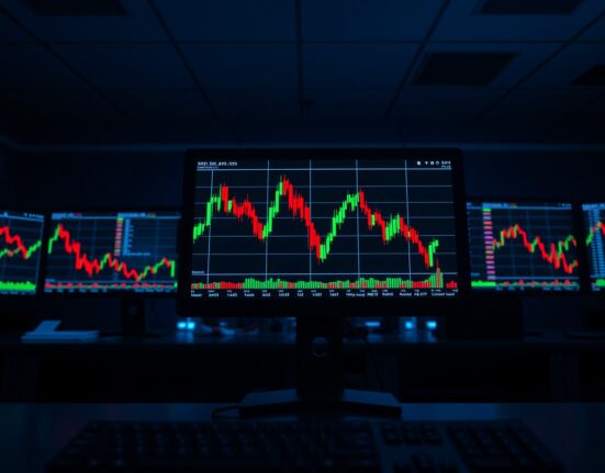 Digital trading dashboard showing volatile candlestick charts on multiple monitors in a dimly lit office