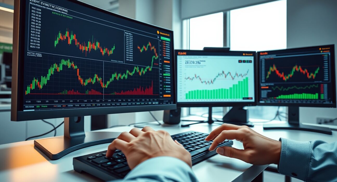 Professional trading desk with monitors displaying Kalshi event contract trading interface