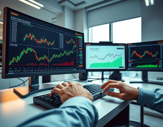 Professional trading desk with monitors displaying Kalshi event contract trading interface