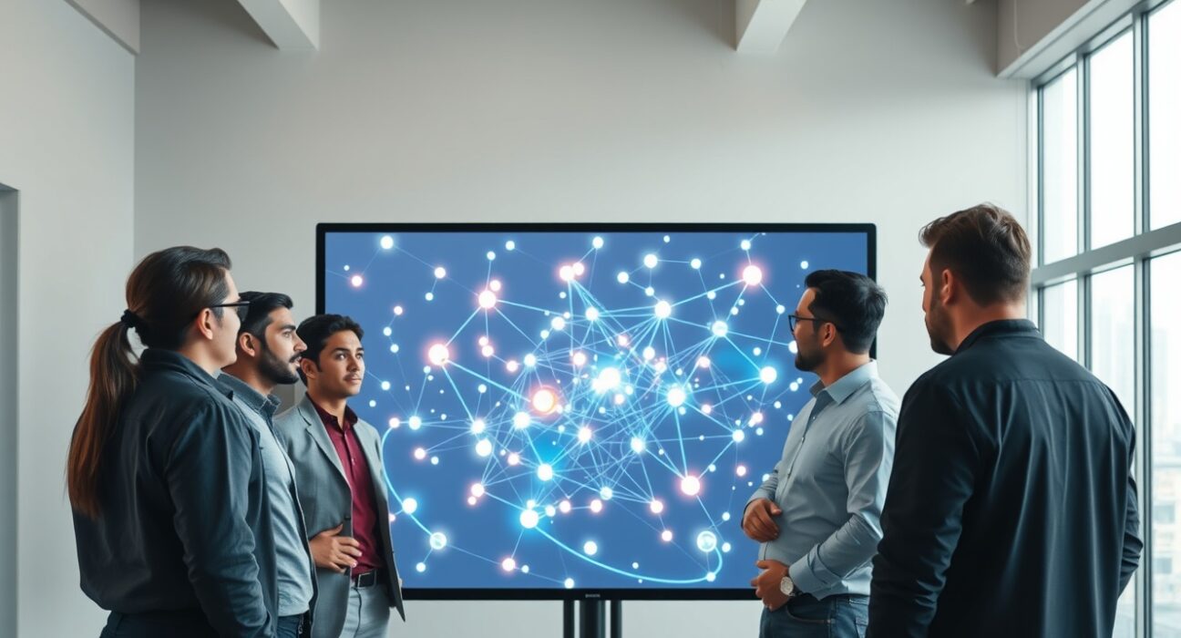 Tech professionals gathered around a digital screen showing blockchain network visualization in a Dubai co-working space