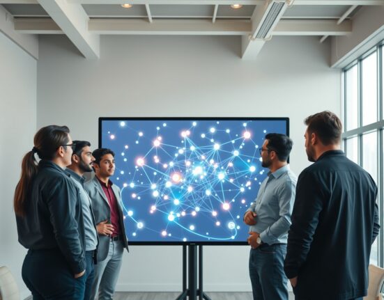 Tech professionals gathered around a digital screen showing blockchain network visualization in a Dubai co-working space