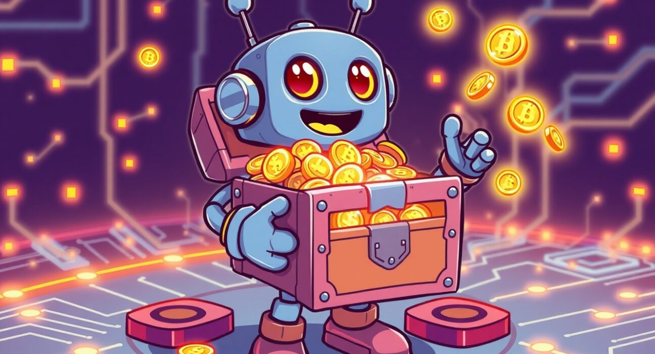 Friendly robot distributing a Talus Network airdrop of digital tokens from a treasure chest on a blockchain.
