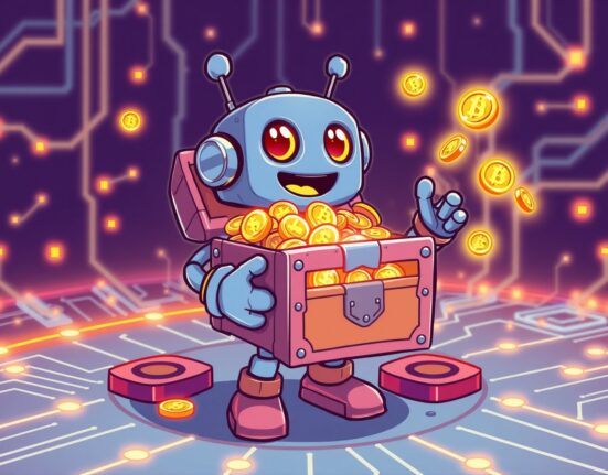 Friendly robot distributing a Talus Network airdrop of digital tokens from a treasure chest on a blockchain.