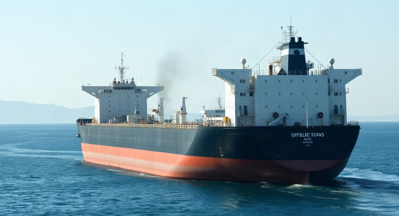 A tanker ship in the Strait of Hormuz with a smoke plume rising after being hit by a projectile.