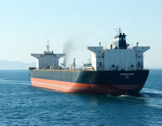 A tanker ship in the Strait of Hormuz with a smoke plume rising after being hit by a projectile.