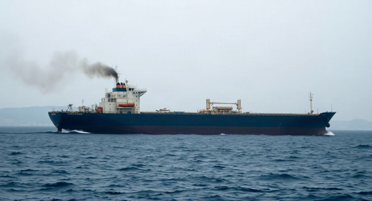 A tanker in the Strait of Hormuz with smoke rising after being struck by projectiles.