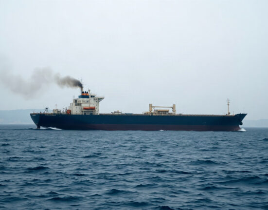 A tanker in the Strait of Hormuz with smoke rising after being struck by projectiles.