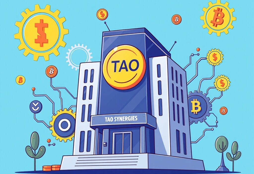 A cartoon illustration of Tao Synergies strategically integrating TAO tokens into its AI crypto operations, highlighting their significant Tao Synergies TAO holdings.