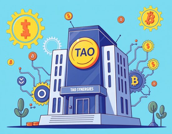 A cartoon illustration of Tao Synergies strategically integrating TAO tokens into its AI crypto operations, highlighting their significant Tao Synergies TAO holdings.
