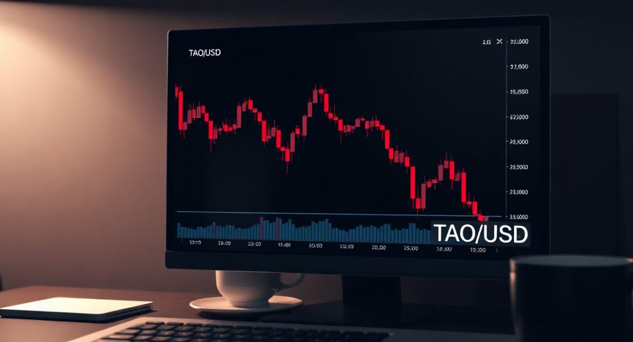 Cryptocurrency trading dashboard showing a sharp red decline on TAO price chart