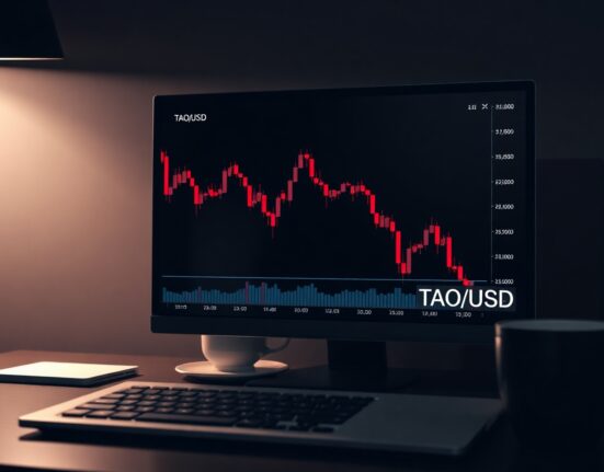 Cryptocurrency trading dashboard showing a sharp red decline on TAO price chart