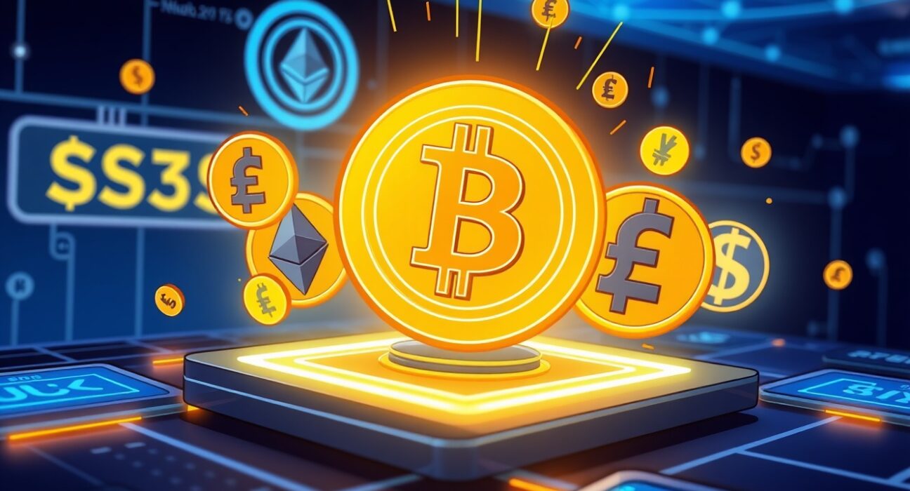 A cartoon illustration showing the convergence of digital and traditional currencies on Taoshi's new crypto forex trading DEX.