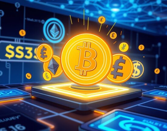 A cartoon illustration showing the convergence of digital and traditional currencies on Taoshi's new crypto forex trading DEX.