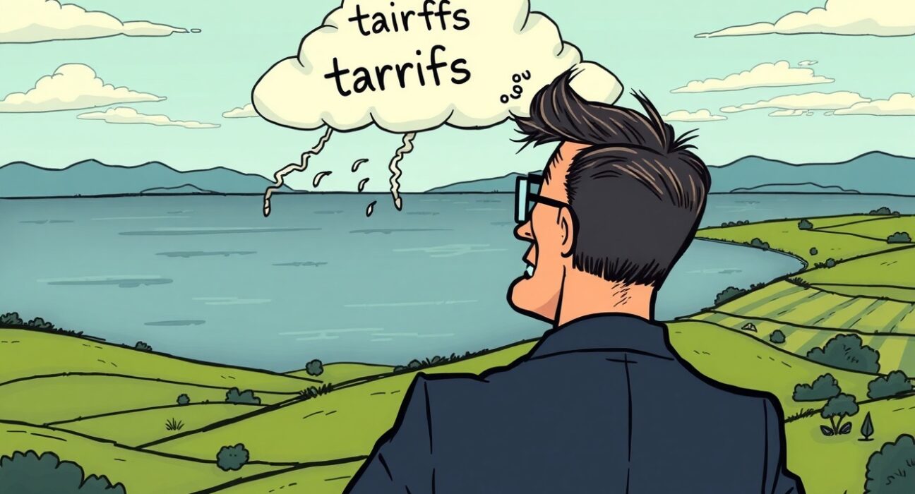 A cartoon businessman observing a calm economic scene, symbolizing Ken Griffin's view that Tariff-Driven Inflation has not yet impacted the economy.