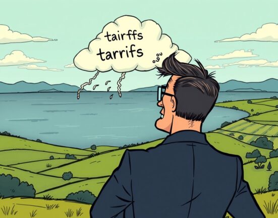 A cartoon businessman observing a calm economic scene, symbolizing Ken Griffin's view that Tariff-Driven Inflation has not yet impacted the economy.