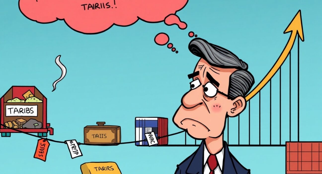 A cartoon illustration showing Jerome Powell's concern over persistent tariff-driven inflation impacting the economy.