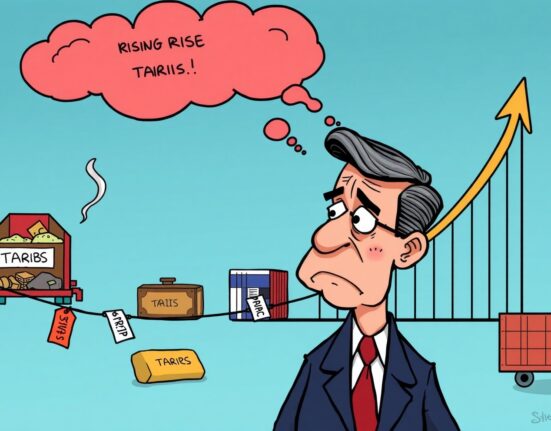 A cartoon illustration showing Jerome Powell's concern over persistent tariff-driven inflation impacting the economy.
