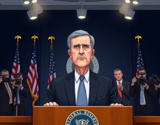 Federal Reserve Chair Jerome Powell at a press conference discussing tariff-driven inflation slowdown