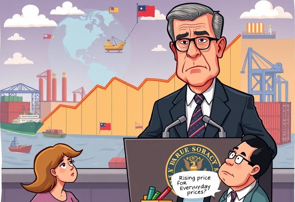 Cartoon illustration showing the tariff impact on economy with rising commodity prices and inflationary pressures affecting consumers.