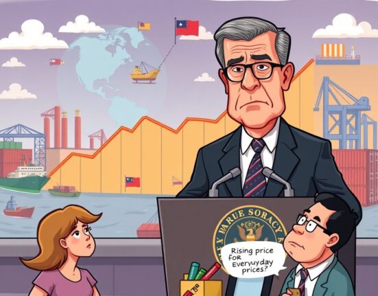 Cartoon illustration showing the tariff impact on economy with rising commodity prices and inflationary pressures affecting consumers.