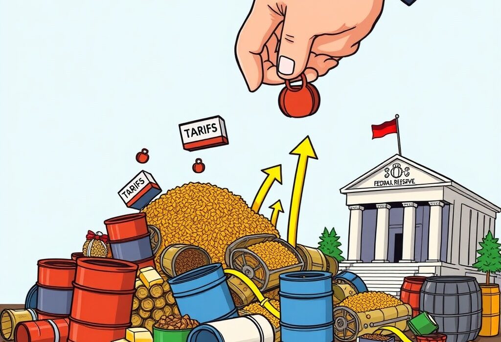 A cartoon illustration showing tariffs pushing commodity prices higher, reflecting the US FOMC's inflation concerns.