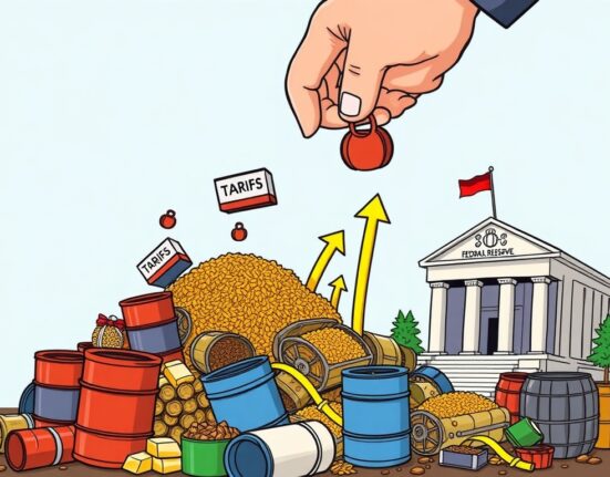 A cartoon illustration showing tariffs pushing commodity prices higher, reflecting the US FOMC's inflation concerns.