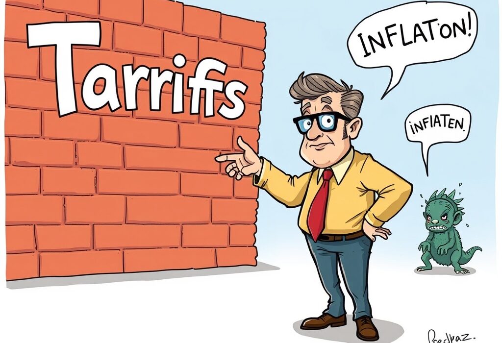 A cartoon illustration showing Stephen Miran confidently asserting that tariffs and inflation are not directly linked, impacting economic policy discussions.