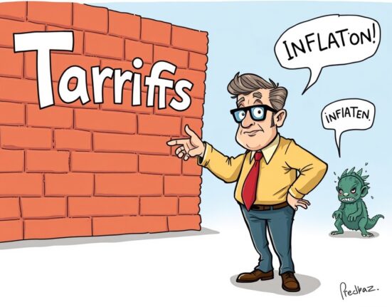 A cartoon illustration showing Stephen Miran confidently asserting that tariffs and inflation are not directly linked, impacting economic policy discussions.